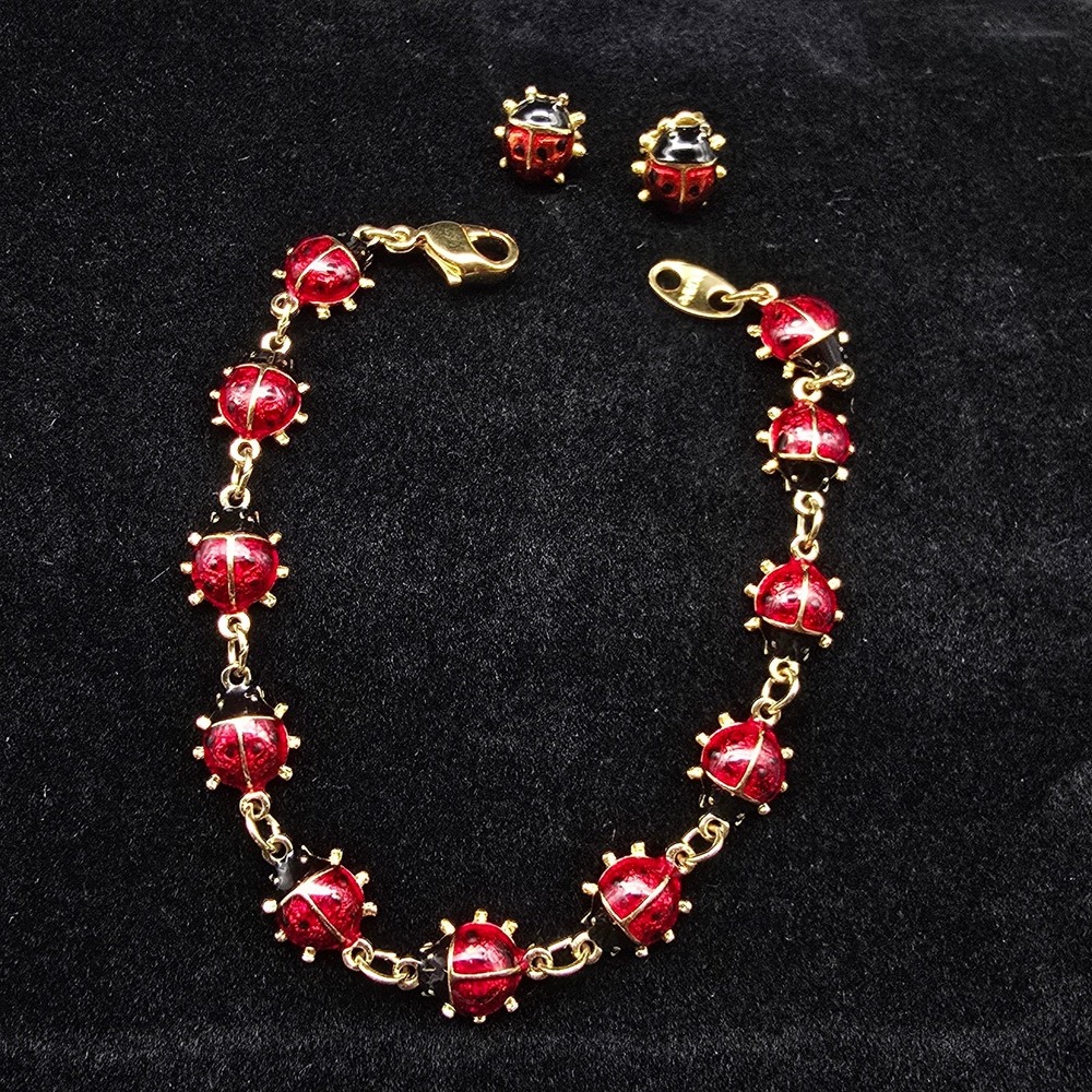 Avon 1997 Lady Bug Bracelet Earrings Set Red Black Insect Bug Jewelry